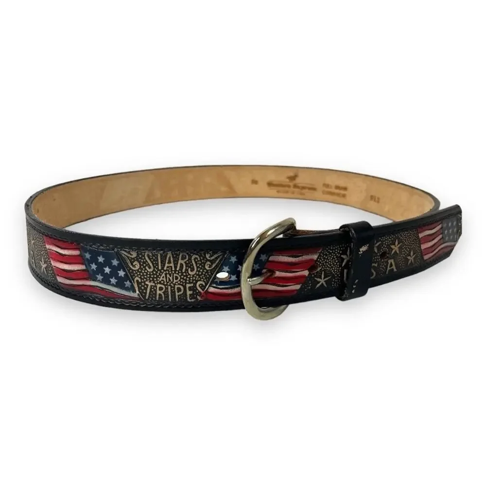 Western Express Mens Tooled Leather Belt 32 34 Stars Stripes USA Flag